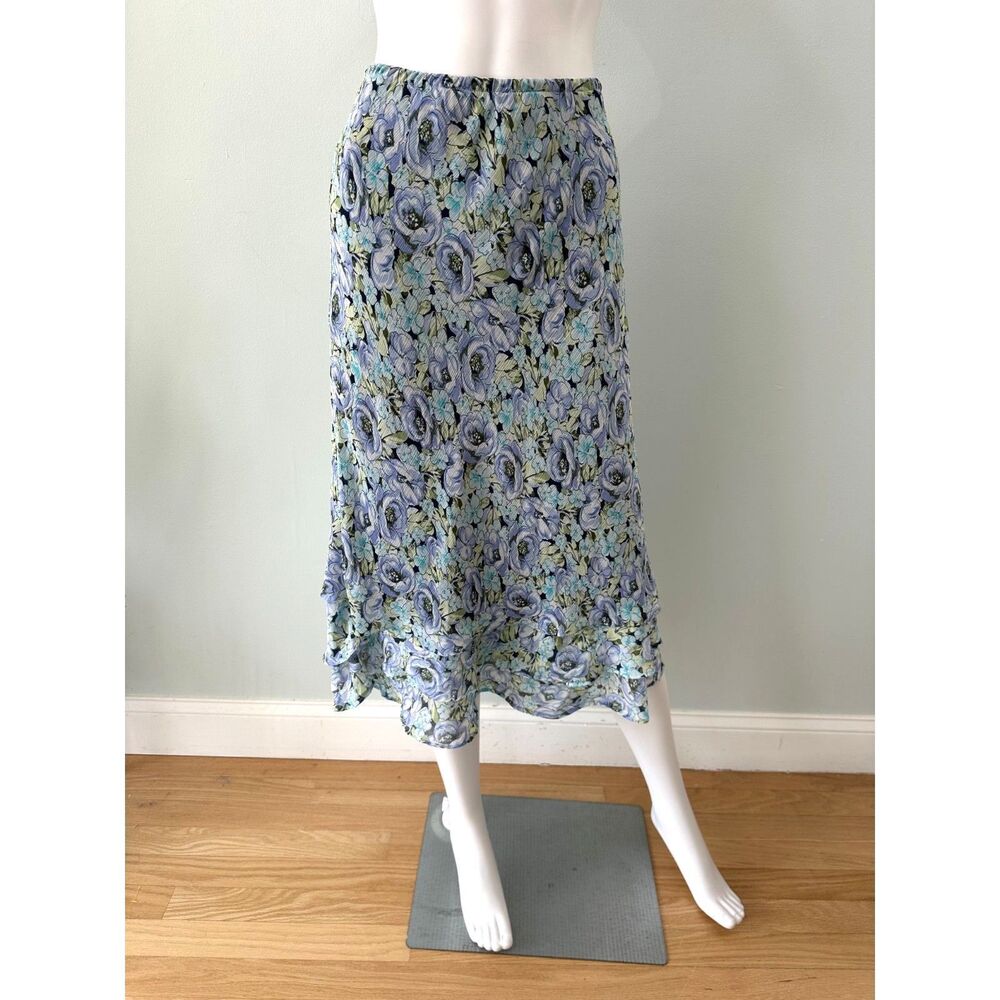 Vintage 90s Blue Floral Plisse Midi Skirt Micro Pleated Elastic Waist Boho sz XL